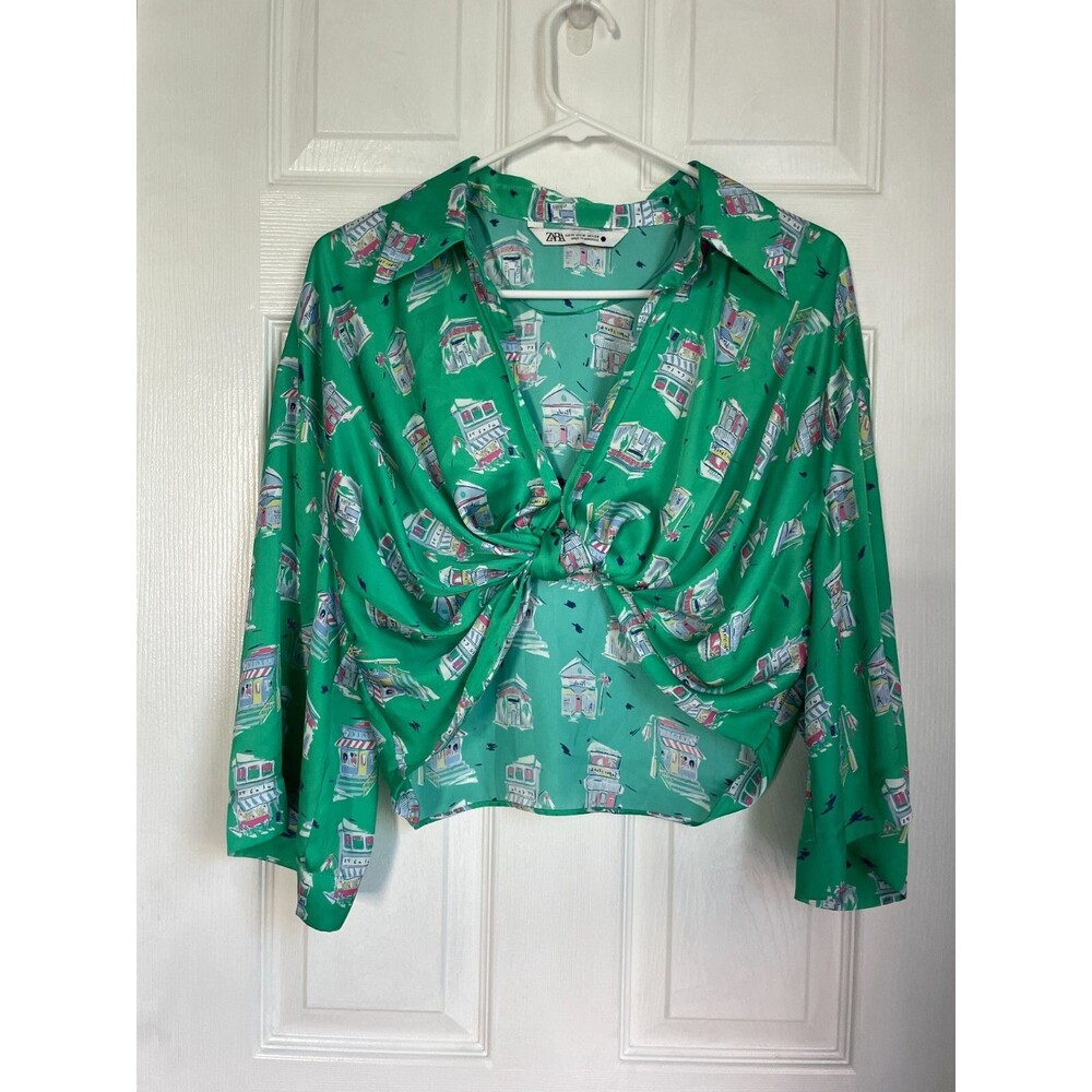 Zara Women's Knotted Collard Open V~Neck Green Satin Shops Print Crop Blouse M